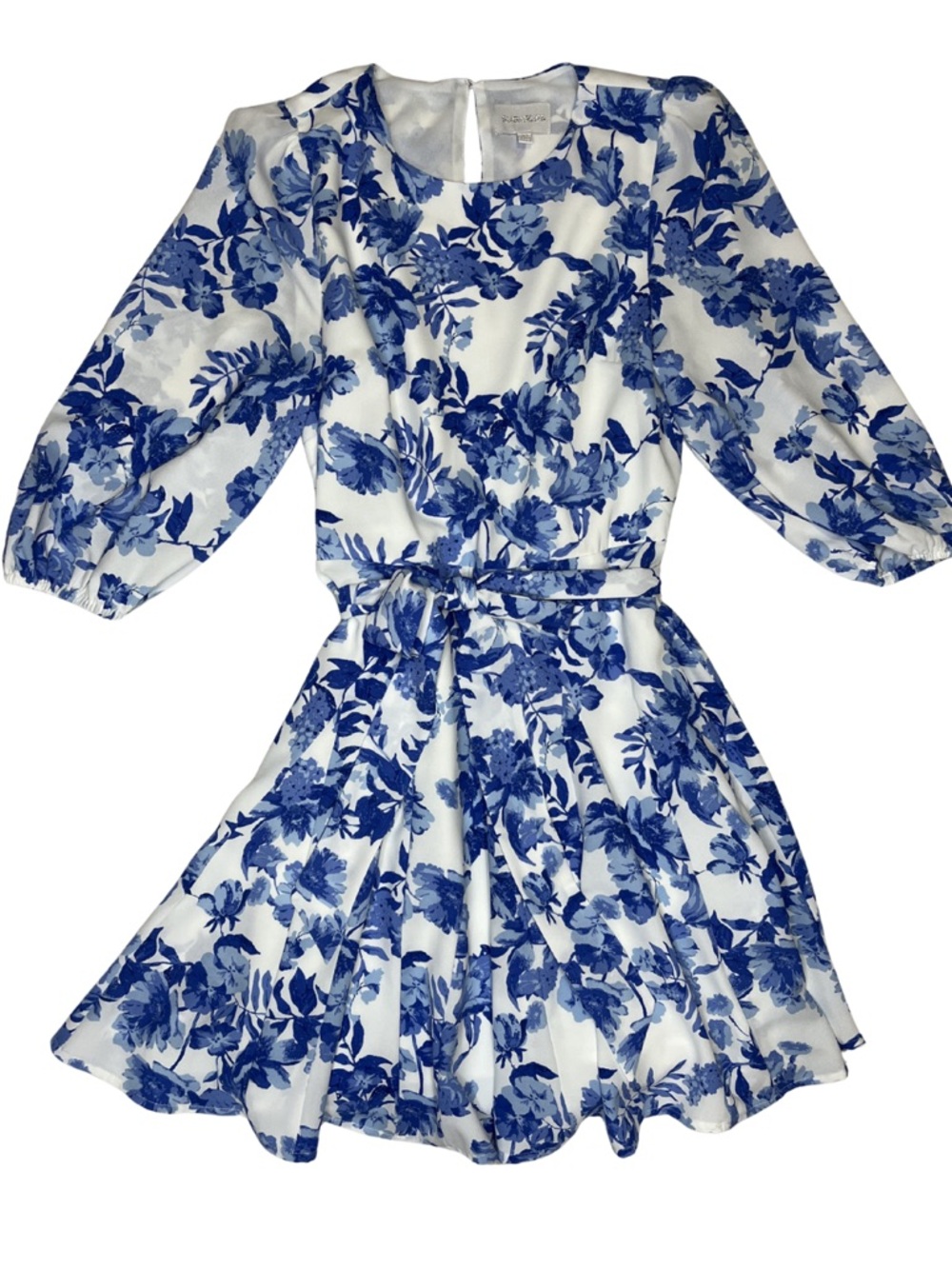 Sugar Lips Blue White Floral Fit & Flare Mini Dress XS Belted Puff Sleeve Lined